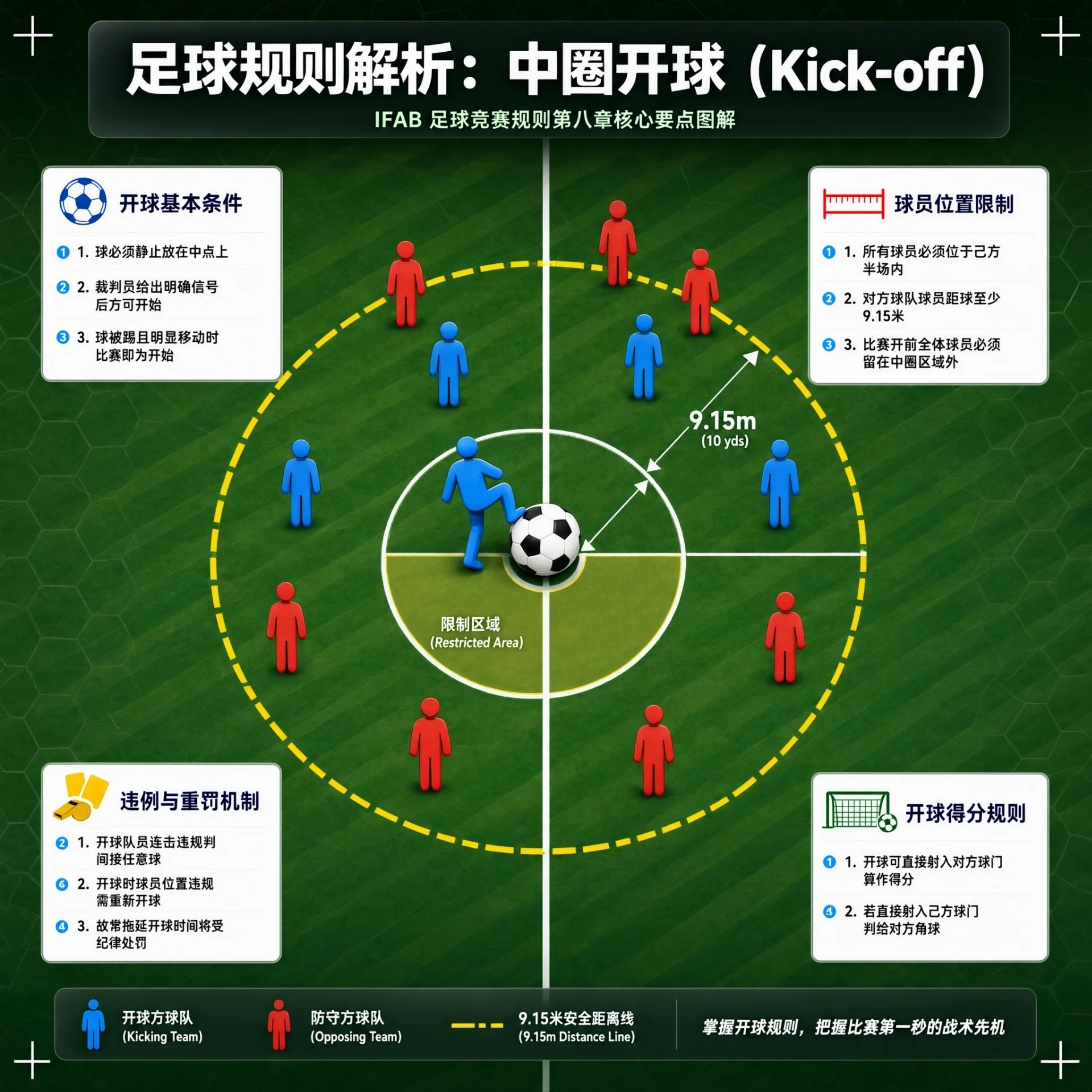 中圈俯视示意图：足球静置于中点，蓝色球员抬脚欲触球；红蓝球员人形分布场内，红方在标注9.15米的黄虚线圆外；中圈标"限制区域"，四周附规则说明框。