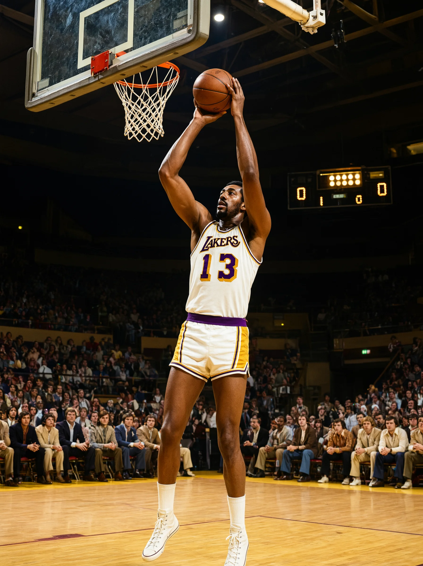 身穿白色"LAKERS"13号球衣与短裤的篮球运动员在篮筐下跳起，双手将篮球高举过头；上方可见篮板与篮网，背景是坐满观众的看台和亮着的记分牌，地面为木质球场。